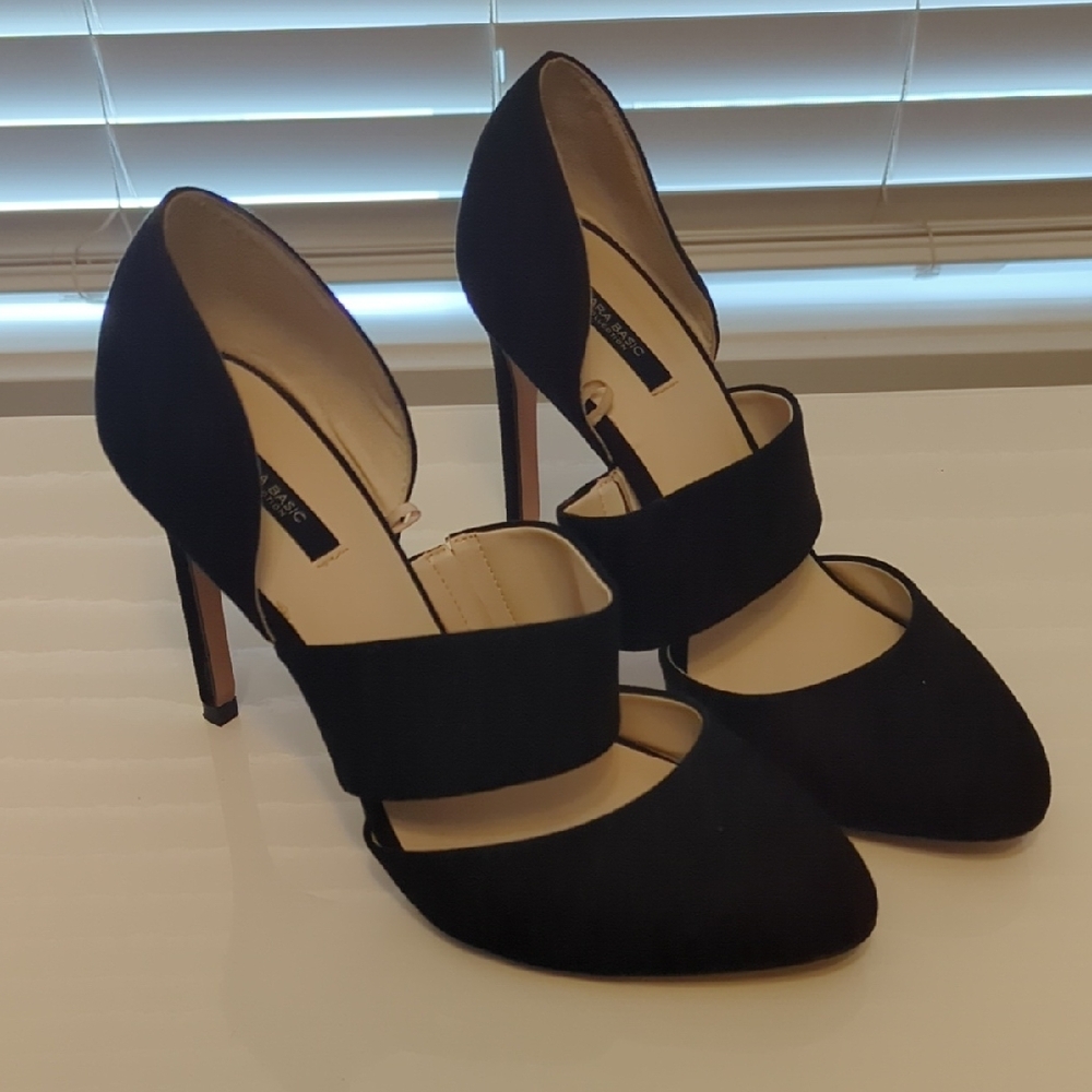 Zara | Black 4" Heels, Round Almond Toe, Strap, Suede, 9, EUC